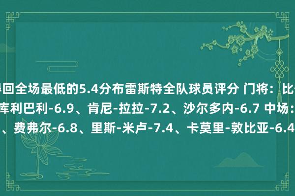 得回全场最低的5.4分布雷斯特全队球员评分 门将:比佐-6.6 后卫:苏迈拉-库利巴利-6.9、肯尼-拉拉-7.2、沙尔多内-6.7 中场:马赫迪-卡马拉-6.4、费弗尔-6.8、里斯-米卢-7.4、卡莫里-敦比亚-6.4、雨果-马涅蒂-6.6、埃迪米尔森-费尔南德斯-6.7 时尚:易卜拉欣-萨拉赫-6.3、佩雷拉-拉格-6.6、阿若克-7.1、西马-6.7、马马-巴尔德-7.2、德尔卡斯蒂略-6