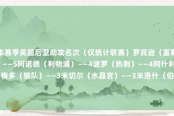 本赛季英超后卫助攻名次（仅统计联赛）罗宾逊（富勒姆）——9努里（狼队）——5阿诺德（利物浦）——4波罗（热刺）——4阿什利-扬（埃弗顿）——3塞梅多（狼队）——3米切尔（水晶宫）——3米洛什（伯恩茅斯）——3兰普泰（布莱顿）——2范德文（热刺）——2    体育最新信息